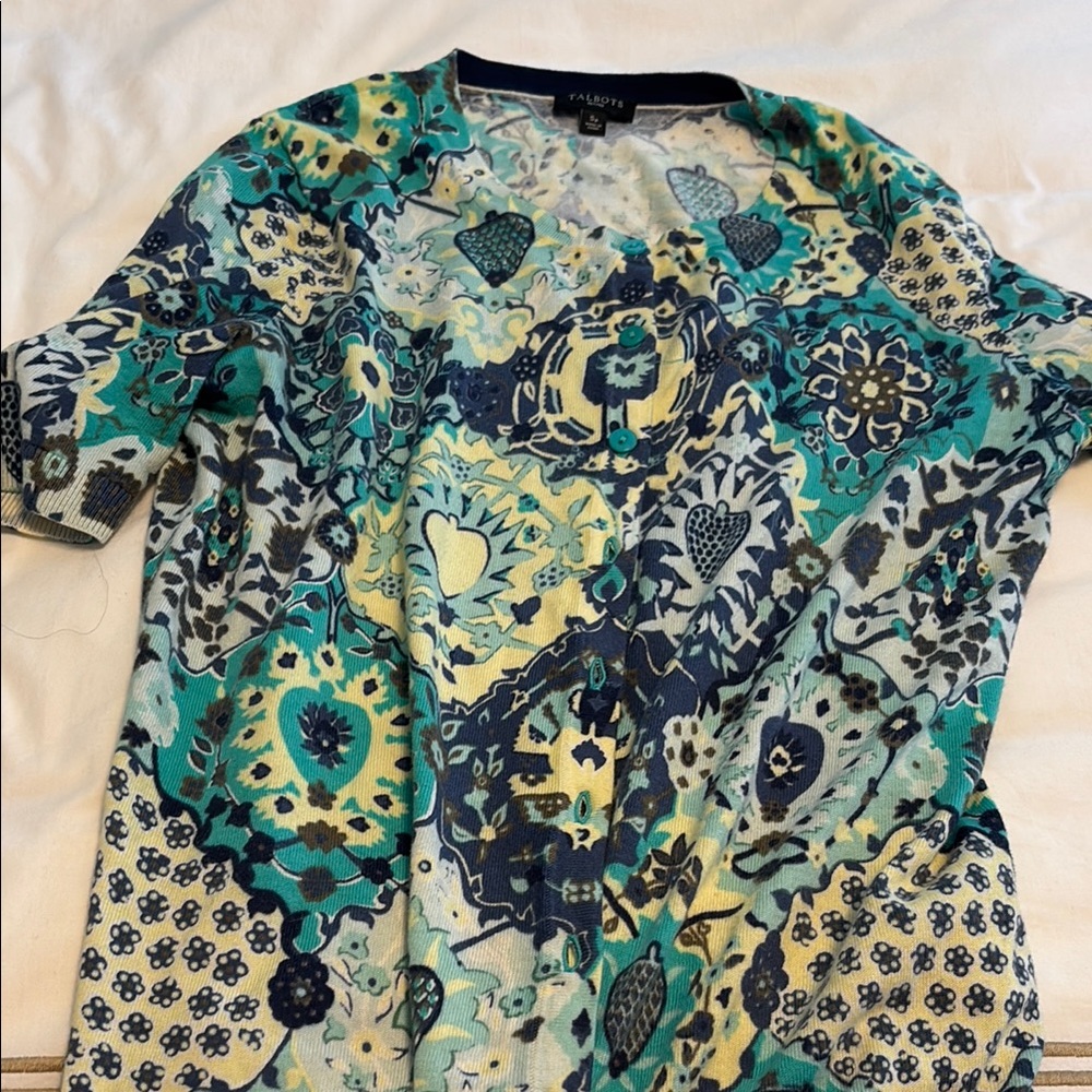 Talbots Green and Blue Graphic Short Sleeve sweater